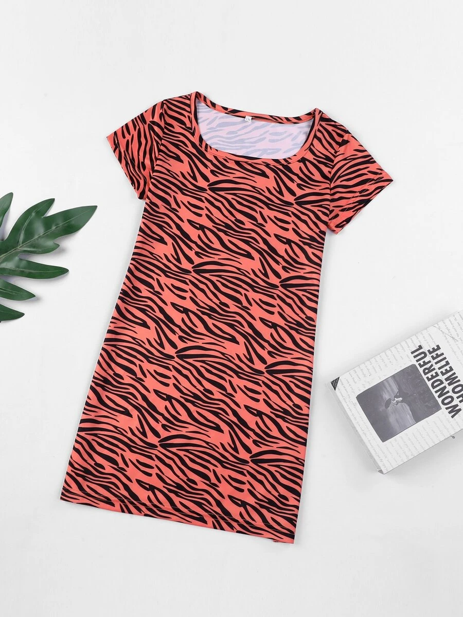 Girls Zebra Striped Scoop Neck Dress - Multicolor - View 1