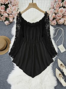 SHEIN LUNE Plus Contrast Lace Frill Trim Peplum Blouse - Black - View 1