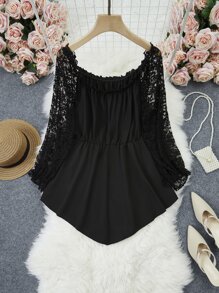 SHEIN LUNE Plus Contrast Lace Frill Trim Peplum Blouse - Black - View 2