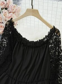 SHEIN LUNE Plus Contrast Lace Frill Trim Peplum Blouse - Black - View 4