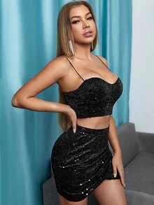 Conjunto top de tirantes corto con lentejuelas con falda ajustada - Negro - Ver 4