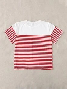 SHEIN EZwear 大碼條紋圖案愛心貼布細節T恤 - 紅白色 - 查看 2