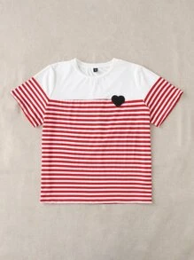SHEIN EZwear 大碼條紋圖案愛心貼布細節T恤 - 紅白色 - 查看 5