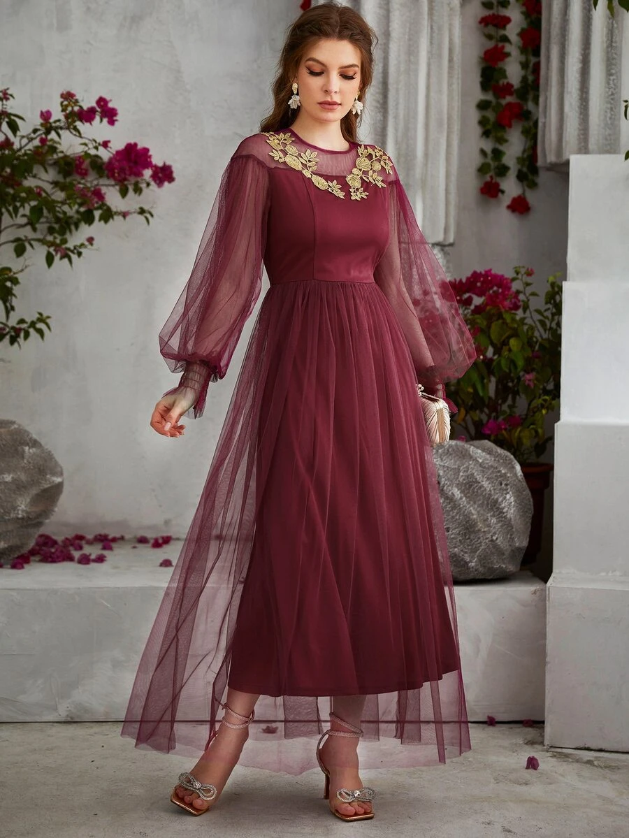 Flower Embroidered Applique Lantern Sleeve Mesh Prom Dress - Burgundy - View 1