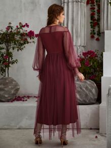 Flower Embroidered Applique Lantern Sleeve Mesh Prom Dress - Burgundy - View 2