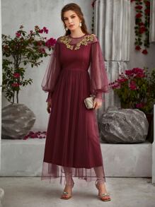 Flower Embroidered Applique Lantern Sleeve Mesh Prom Dress - Burgundy - View 3