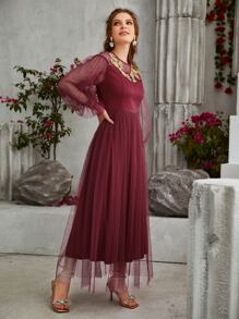 Flower Embroidered Applique Lantern Sleeve Mesh Prom Dress - Burgundy - View 5
