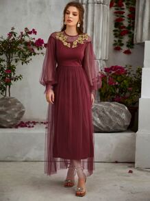 Flower Embroidered Applique Lantern Sleeve Mesh Prom Dress - Burgundy - View 6