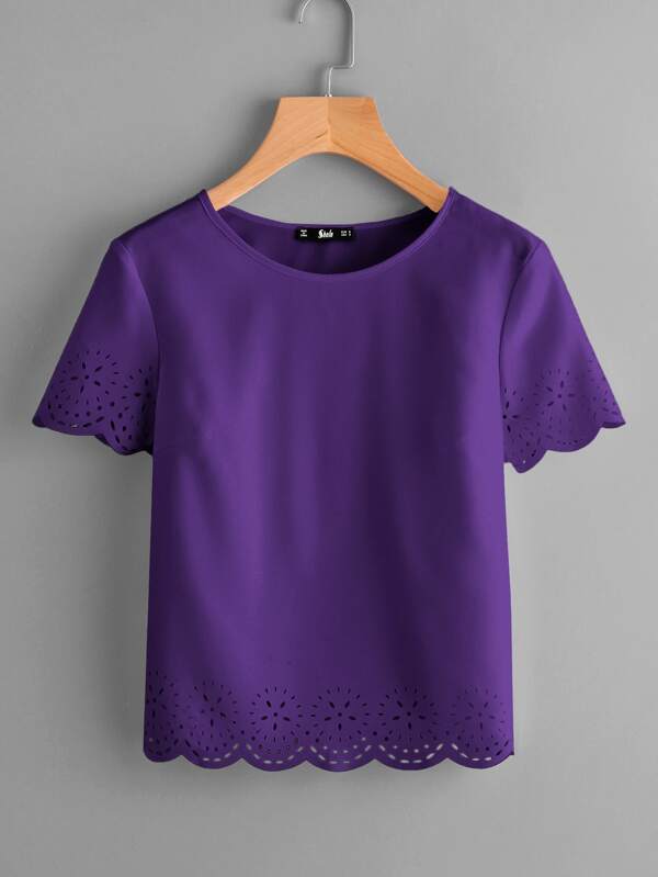 SHEIN LUNE Solid Laser Cut Scalloped Top SHEIN UK