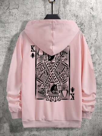 Manfinity Men Playing Card Print Kangaroo Pocket Drawstring Hoodie