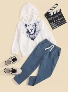 SHEIN Chàng trai trẻ In Sư tử 3D Hoodie & Eo dây rút Quần - Xanh và trắng - Xem 1