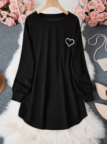 SHEIN LUNE Plus Heart Print Longline Sweatshirt - Black - View 1