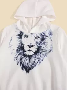 SHEIN Chàng trai trẻ In Sư tử 3D Hoodie & Eo dây rút Quần - Xanh và trắng - Xem 4