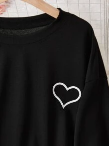 SHEIN LUNE Plus Heart Print Longline Sweatshirt - Black - View 3