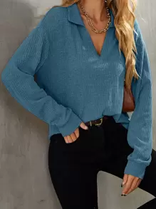 SHEIN LUNE Drop Shoulder Rib-knit Tee - Teal Blue - View 1