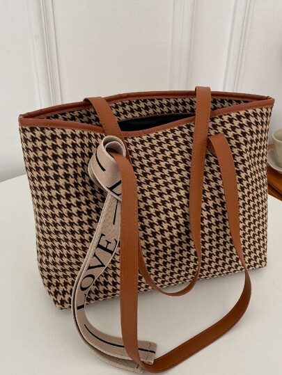 Tape Decor Houndstooth Pattern Tote Bag School Bag For Graduate, Teen Girls, Freshman, Sophomore, Junior & Senior In College, University & High School, Perfect For Outdoors ,Travel & Back To School