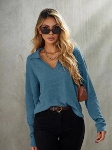 SHEIN LUNE Drop Shoulder Rib-knit Tee - Teal Blue - View 5