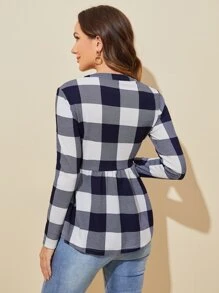 SHEIN LUNE Notch Neck Gingham Print Peplum Top