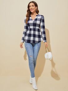 SHEIN LUNE Notch Neck Gingham Print Peplum Top