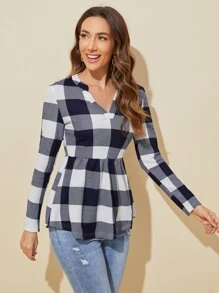 SHEIN LUNE Notch Neck Gingham Print Peplum Top