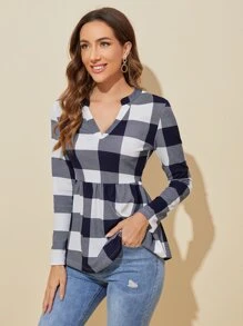 SHEIN LUNE Notch Neck Gingham Print Peplum Top