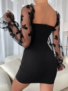 Chiquease Sweetheart Neck Flounce Sleeve Bodycon Dress - Black - View 2