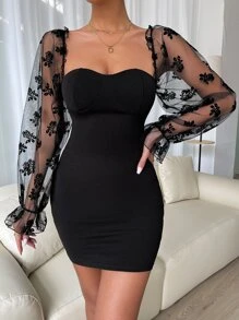 Chiquease Sweetheart Neck Flounce Sleeve Bodycon Dress - Black - View 3