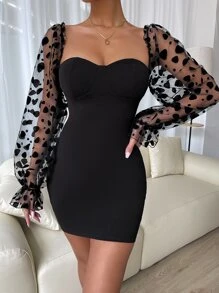 SHEIN Belle Sweetheart Neck Flounce Sleeve Bodycon Dress - Black - View 1