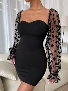 SHEIN Belle Sweetheart Neck Flounce Sleeve Bodycon Dress - Black - View 4