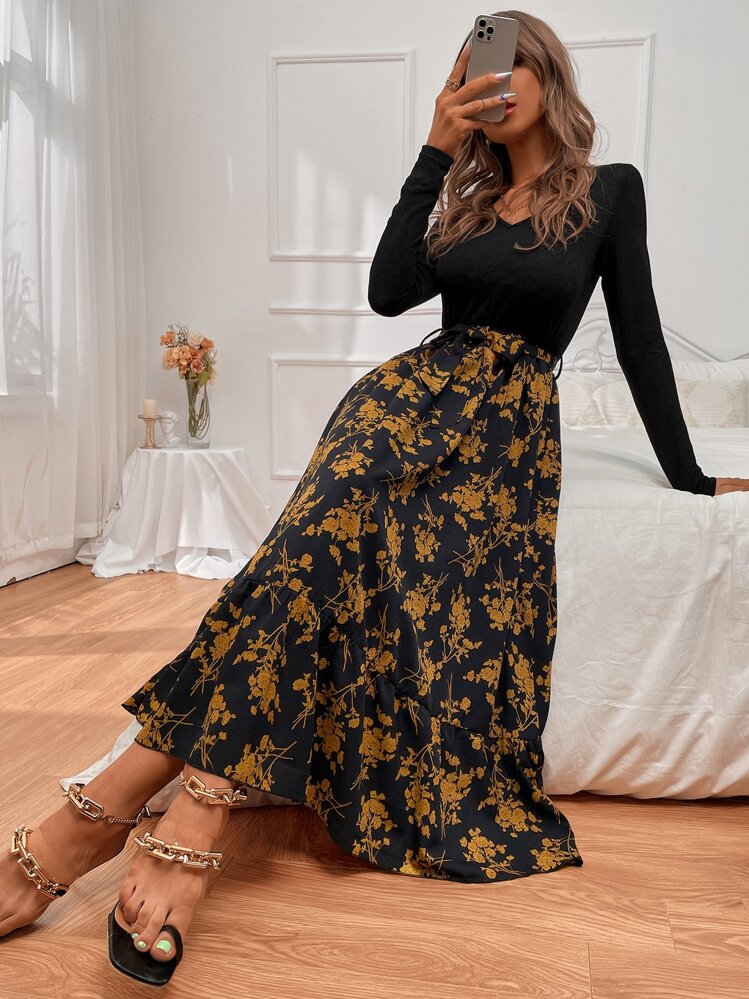 EMERY ROSE Floral Print Belted A-Line Dress Maxi Women Outfit Fall Cloth For Women - Multicolor - View 4