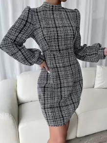 Chiquease Lantern Sleeve Plaid Tweed Dress - Black and White - View 3