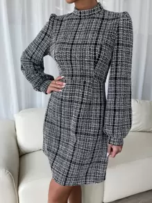 Chiquease Lantern Sleeve Plaid Tweed Dress - Black and White - View 4