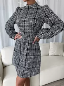 Chiquease Lantern Sleeve Plaid Tweed Dress - Black and White - View 5