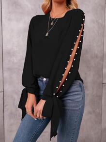 SHEIN LUNE Pearl Beaded Tie Cuff Slit Sleeve Blouse - Black - View 1
