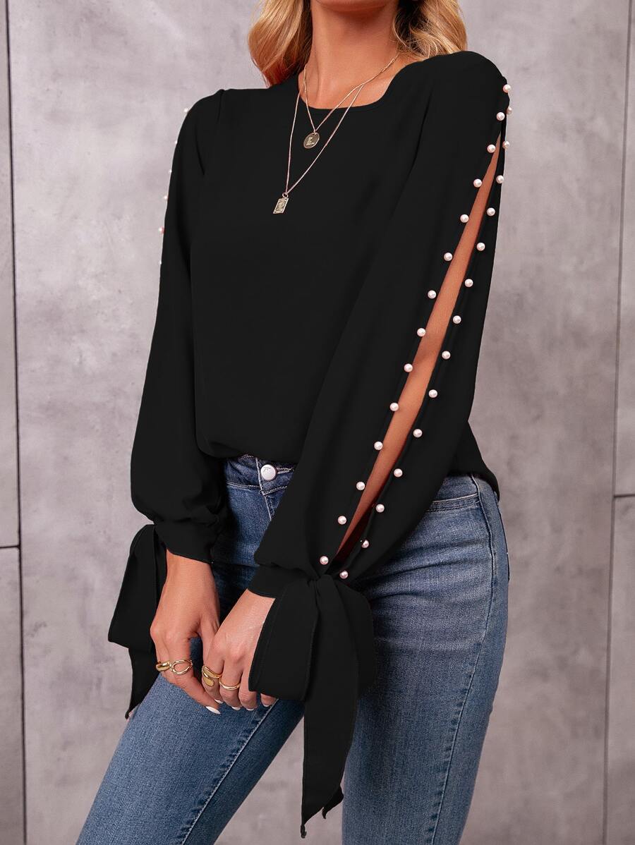 SHEIN LUNE Pearl Beaded Tie Cuff Slit Sleeve Blouse - Black - View 1