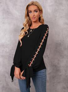 SHEIN LUNE Pearl Beaded Tie Cuff Slit Sleeve Blouse - Black - View 3