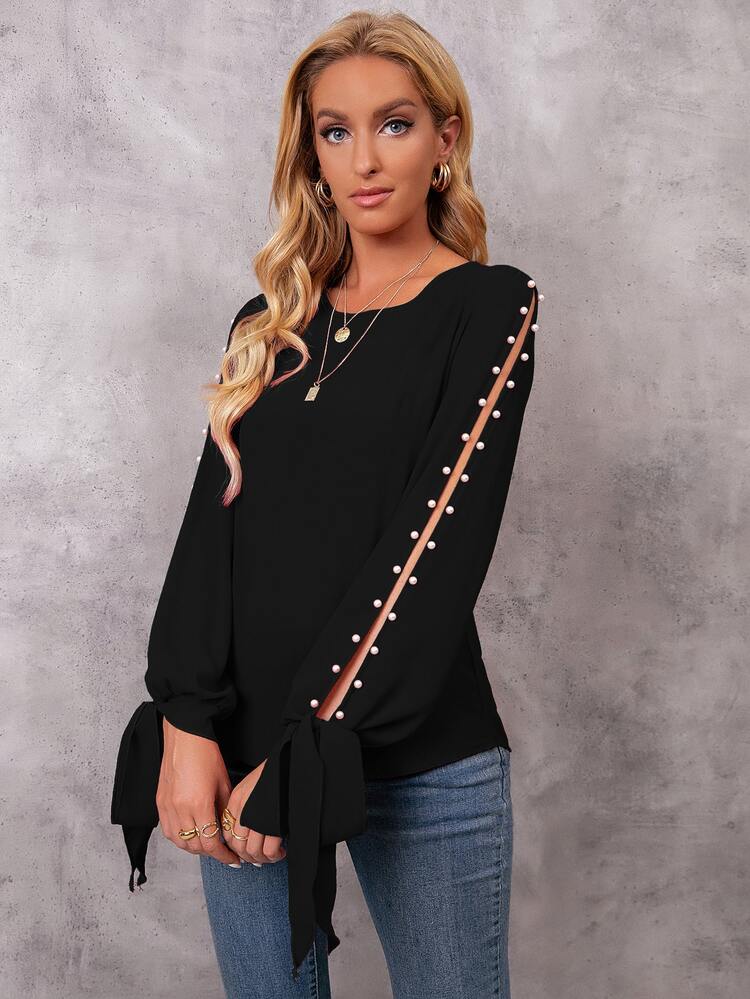 SHEIN LUNE Pearl Beaded Tie Cuff Slit Sleeve Blouse - Black - View 3