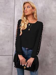SHEIN LUNE Pearl Beaded Tie Cuff Slit Sleeve Blouse - Black - View 6
