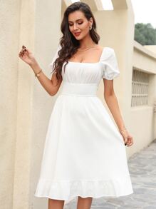 SHEIN Holidaya 泡泡袖後綁帶腰部打褶連衣裙 - 白色 - 查看 3