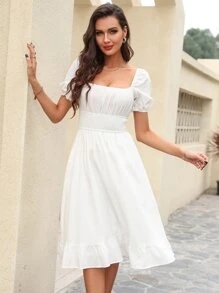 SHEIN Holidaya 泡泡袖後綁帶腰部打褶連衣裙 - 白色 - 查看 4