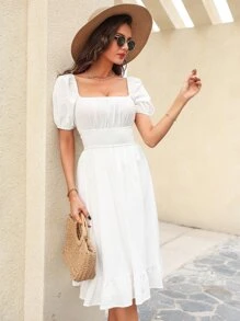 SHEIN Holidaya 泡泡袖後綁帶腰部打褶連衣裙 - 白色 - 查看 6