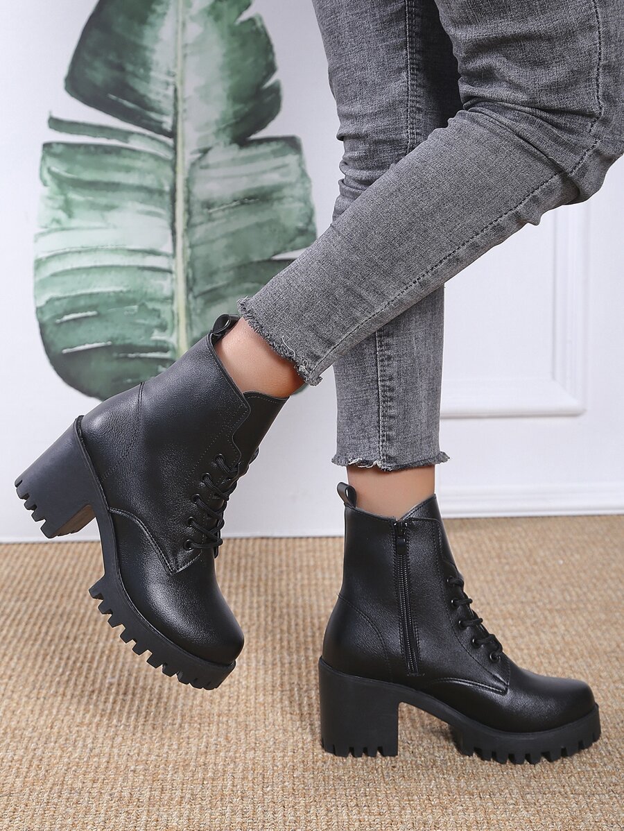 Botas de combate con cremallera lateral con tacón grueso - Negro - Ver 1