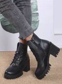 Botas de combate con cremallera lateral con tacón grueso - Negro - Ver 4