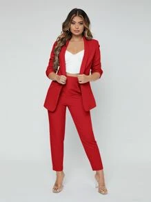 SHEIN SXY Shawl Neck Open Front Blazer & Trousers Suit - Red - View 3