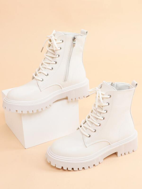 Damen Mode Combat Boots für Herbst/Winter, Runde Zehenkappe mit Schnürung und Seitlichem Reißverschluss Knöchelstiefel, Multifunktionale Outdoor Rutschfeste Schuhe, Stiefel für Damen