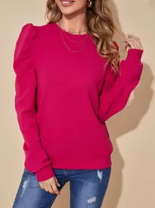 SHEIN LUNE Puff Sleeve Pullover - Hot Pink - View 1