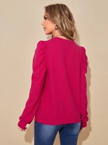 SHEIN LUNE Puff Sleeve Pullover - Hot Pink - View 2