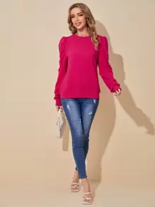 SHEIN LUNE Puff Sleeve Pullover - Hot Pink - View 3