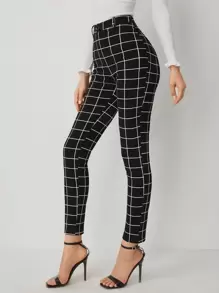 SHEIN Essnce Plaid Print High Waist Pants - Black - View 1