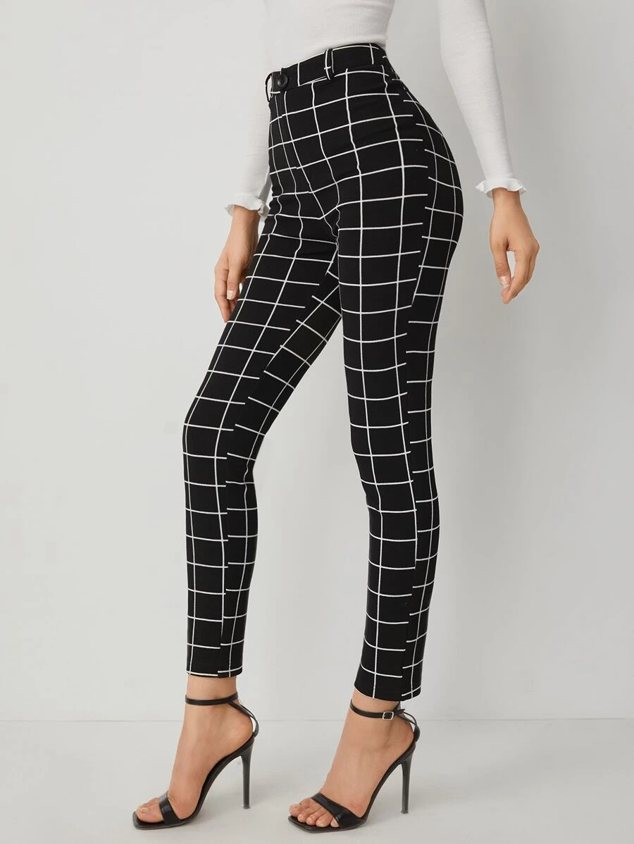 SHEIN Essnce Plaid Print High Waist Pants - Black - View 1